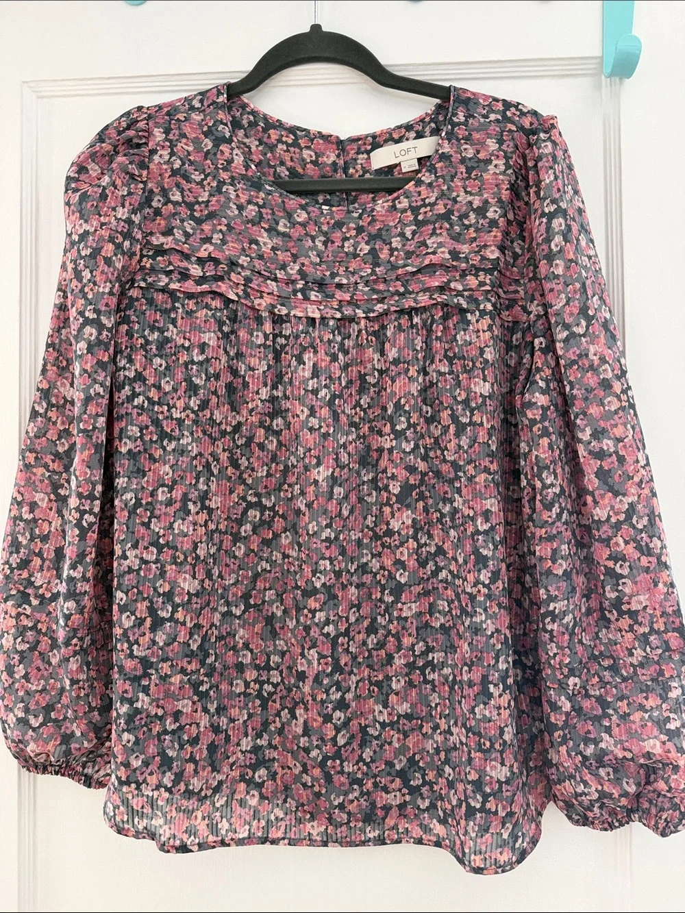 LOFT Navy and Pink Floral Pleated Long-Sleeve Blouse